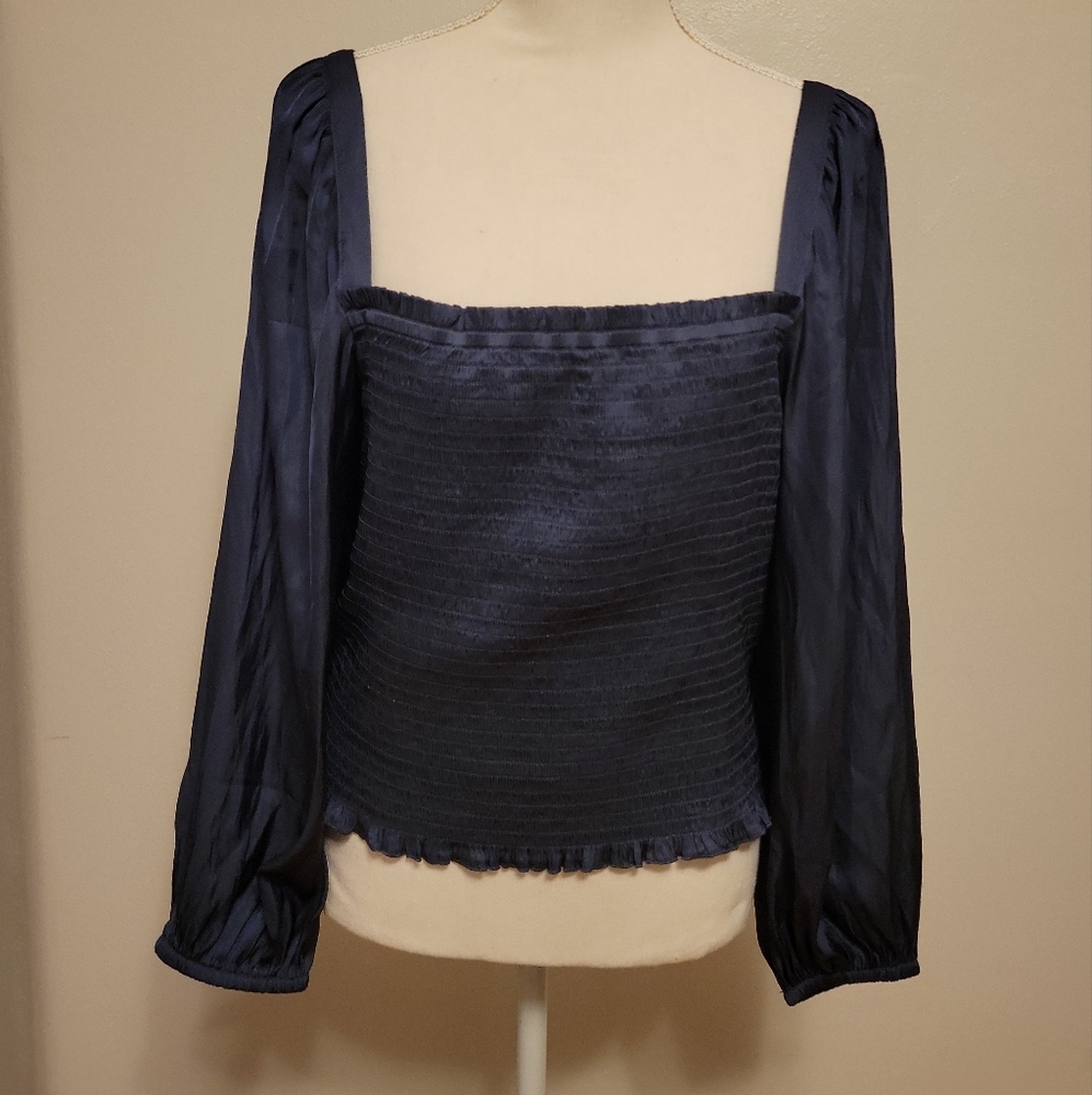 J Crew Squareneck Smocked Featherweight Satin Crop Top Gray L NWOT